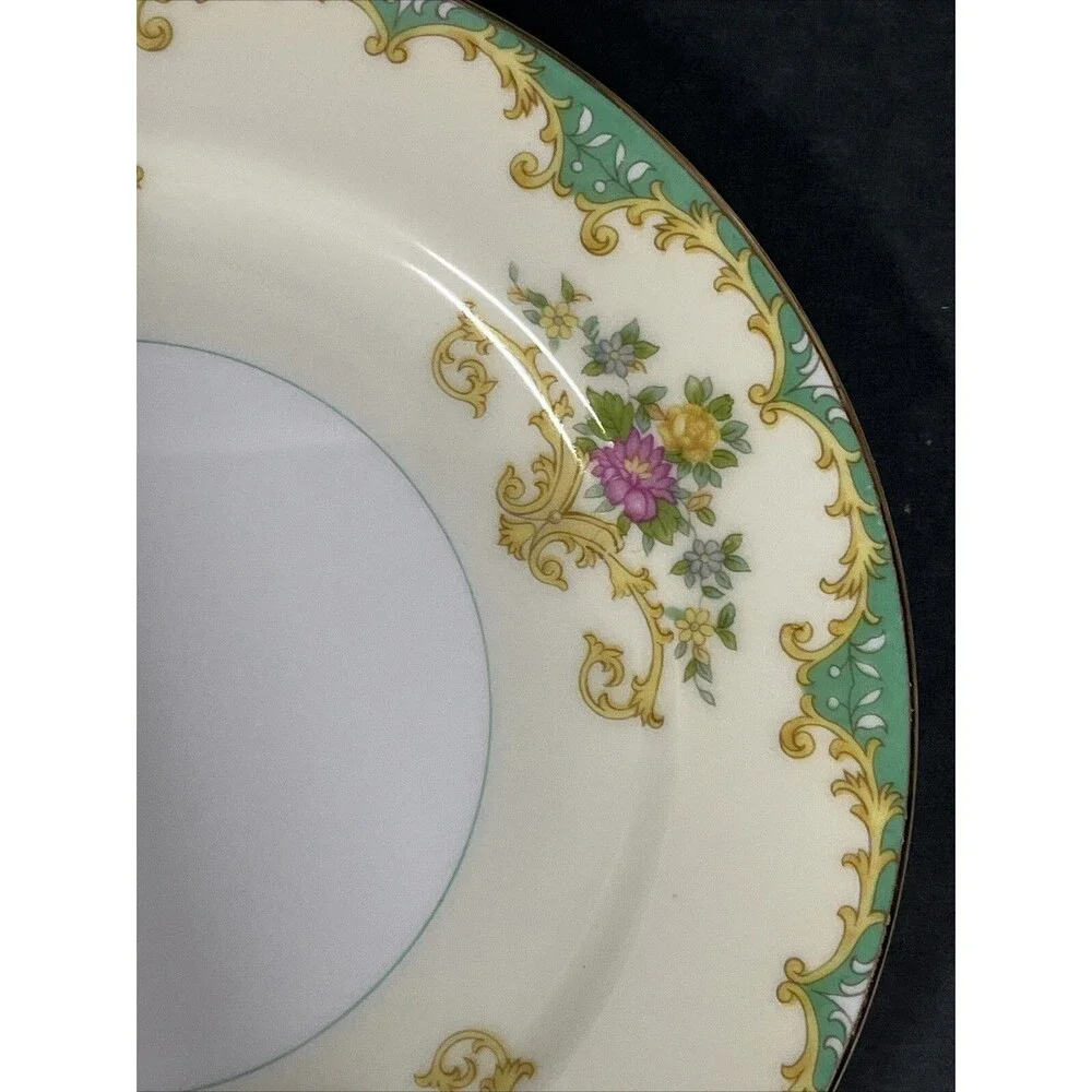1930s Noritake Tiffany M Dessert Plates 7.5” Gold Trim Ivory Aqua Beige 2 PC HTF